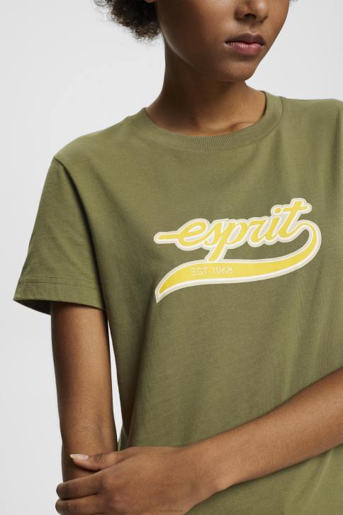 marškinėliai alyvuogių moterys Esprit medvilniniai marškinėliai su atspausdintu logotipu 4D6F144