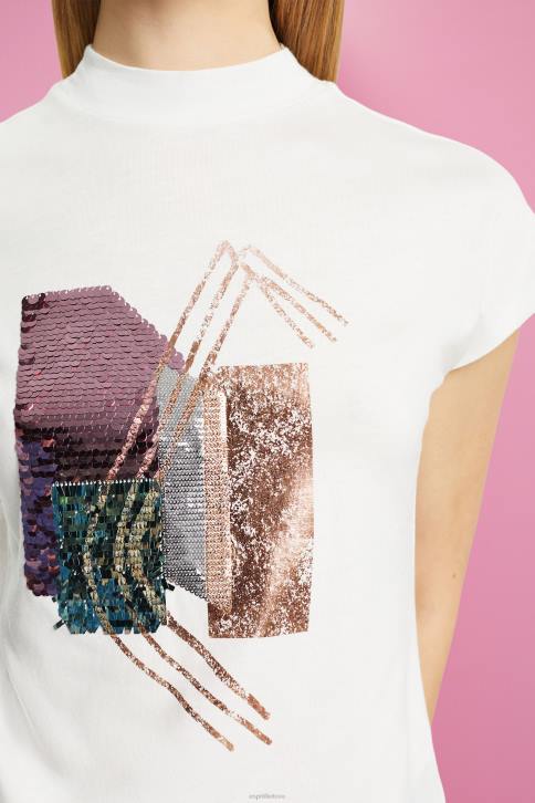 marškinėliai beveik baltas moterys Esprit blizgučiais aplikuoti marškinėliai, tencel 4D6F399