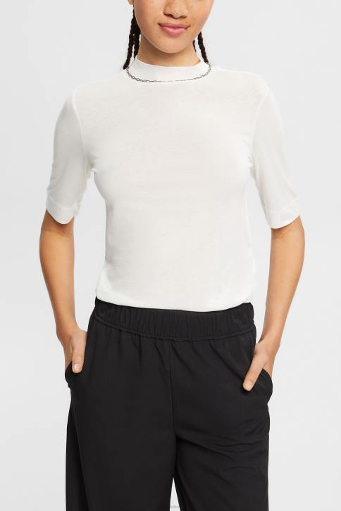 marškinėliai beveik baltas moterys Esprit su tencel: marškinėliai su juostele apykakle 4D6F562