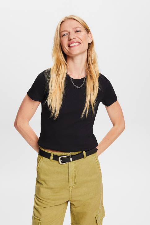 marškinėliai juodas moterys Esprit marškinėliai su briaunuotais marškinėliais 4D6F1