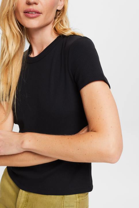 marškinėliai juodas moterys Esprit marškinėliai su briaunuotais marškinėliais 4D6F1