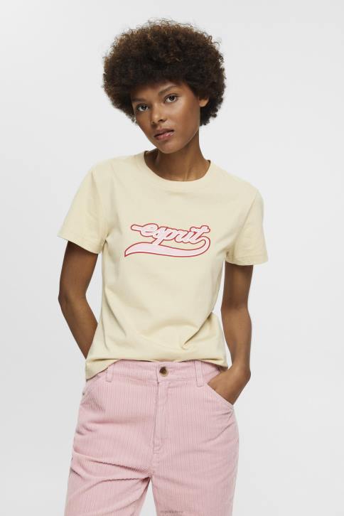 marškinėliai smėlio spalvos moterys Esprit medvilniniai marškinėliai su atspausdintu logotipu 4D6F143