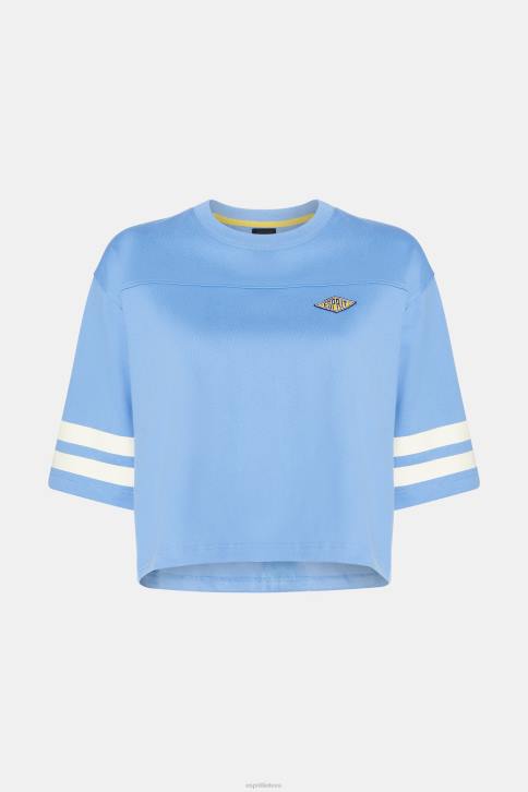 marškinėliai šviesiai mėlynos levandos moterys Esprit apkarpytas universiteto logotipas regbio marškinėliai 4D6F414