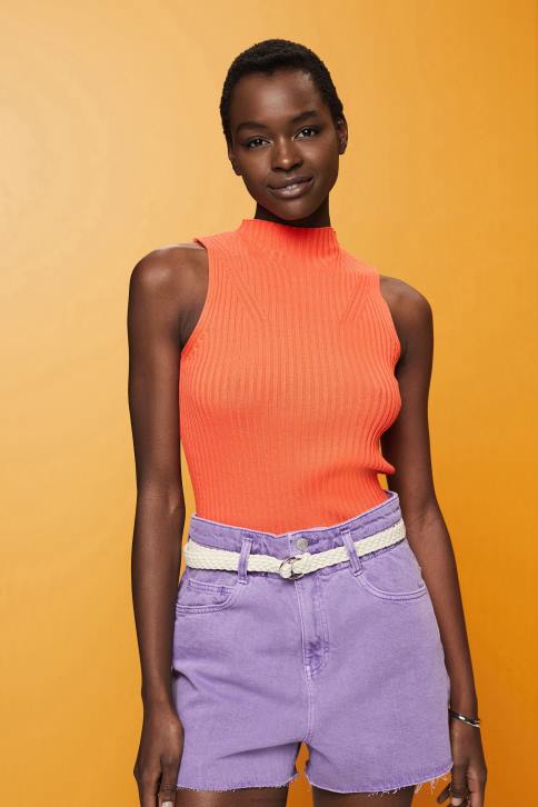 megztiniai koralinis apelsinas moterys Esprit briaunotas, berankovis megztinis, lino mišinio 4D6F110