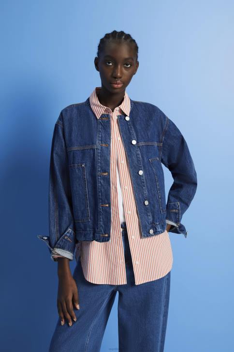 striukės mėlynas tamsus plovimas moterys Esprit Džinsinė striukė be apykaklės su raišteliais 4D6F298