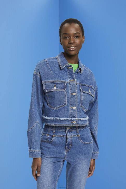 striukės mėlynas tamsus plovimas moterys Esprit sutrumpinta džinsinė striukė su nutrinta apdaila 4D6F311