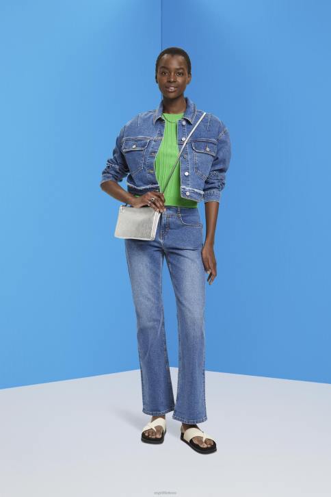 striukės mėlynas tamsus plovimas moterys Esprit sutrumpinta džinsinė striukė su nutrinta apdaila 4D6F311