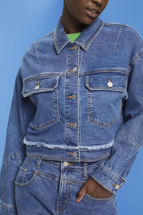 striukės mėlynas tamsus plovimas moterys Esprit sutrumpinta džinsinė striukė su nutrinta apdaila 4D6F311