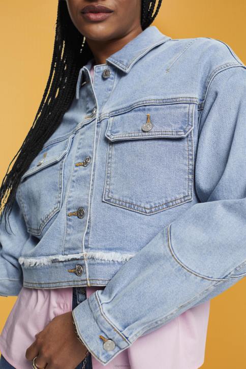 striukės mėlynos šviesos plovimas moterys Esprit sutrumpinta džinsinė striukė su nutrinta apdaila 4D6F312