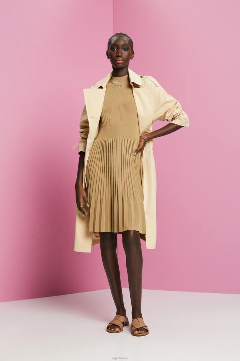 suknelės chaki smėlio spalvos moterys Esprit iškirpte klostuota midi suknelė trumpomis rankovėmis 4D6F119