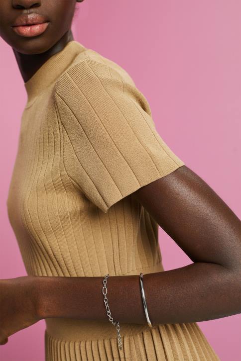 suknelės chaki smėlio spalvos moterys Esprit iškirpte klostuota midi suknelė trumpomis rankovėmis 4D6F119