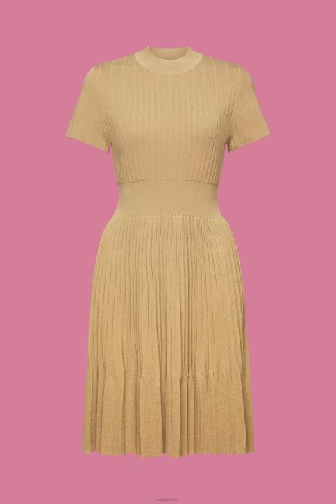 suknelės chaki smėlio spalvos moterys Esprit iškirpte klostuota midi suknelė trumpomis rankovėmis 4D6F119