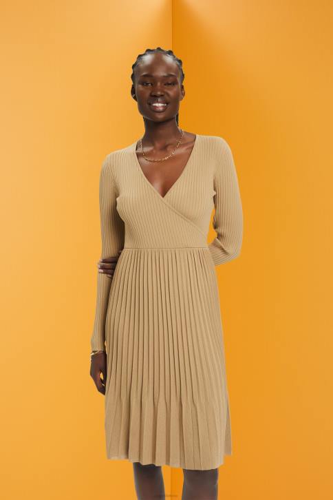 suknelės chaki smėlio spalvos moterys Esprit klostuota įvyniojama suknelė ilgomis rankovėmis 4D6F126