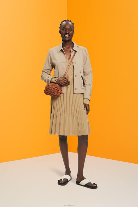 suknelės chaki smėlio spalvos moterys Esprit klostuota įvyniojama suknelė ilgomis rankovėmis 4D6F126