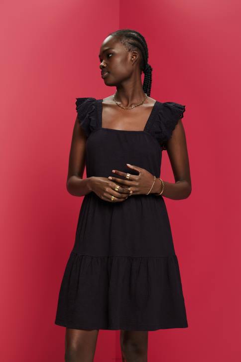 suknelės juodas moterys Esprit trikotažinė suknelė siuvinėtomis nėriniuotomis rankovėmis 4D6F59