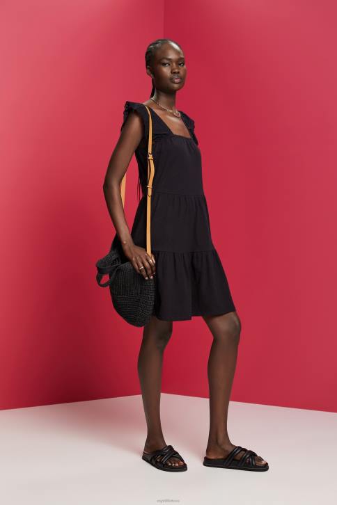 suknelės juodas moterys Esprit trikotažinė suknelė siuvinėtomis nėriniuotomis rankovėmis 4D6F59