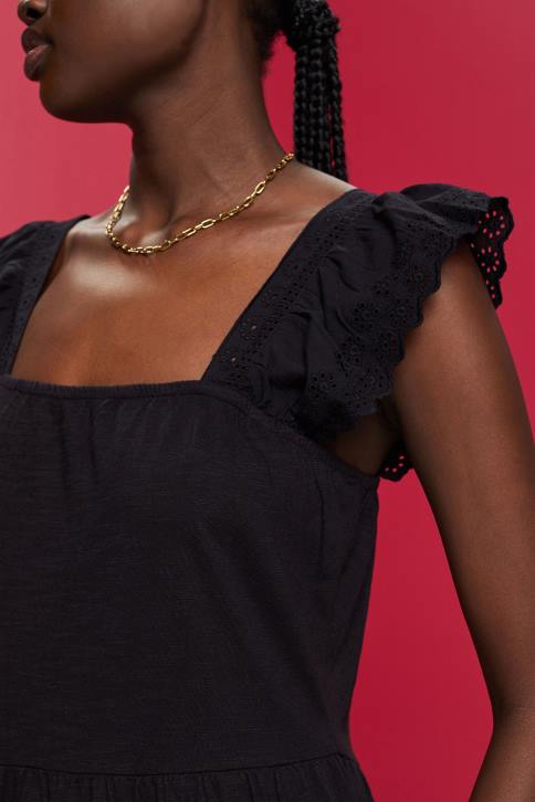 suknelės juodas moterys Esprit trikotažinė suknelė siuvinėtomis nėriniuotomis rankovėmis 4D6F59