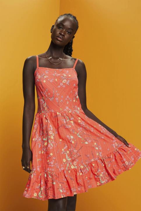 suknelės koralinis apelsinas moterys Esprit Suknelė su gėlėmis, medvilninė iki kelių 4D6F190