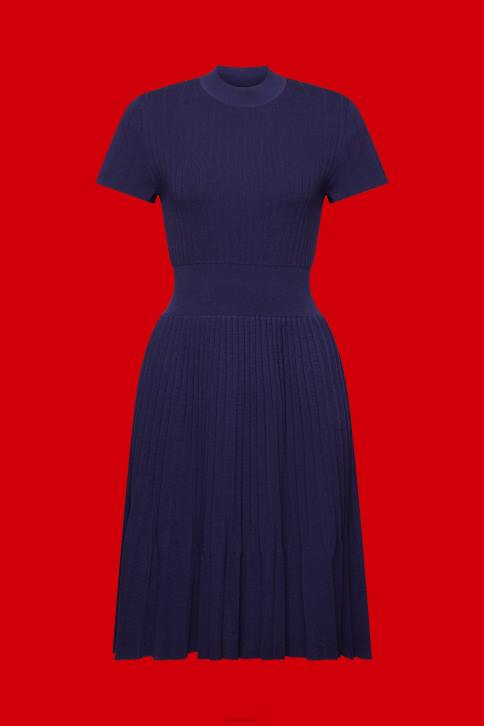 suknelės tamsiai mėlyna moterys Esprit iškirpte klostuota midi suknelė trumpomis rankovėmis 4D6F122