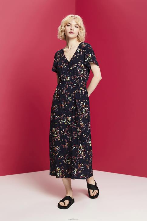 suknelės tamsiai mėlyna moterys Esprit marginta midi suknelė su perrišamu diržu 4D6F189