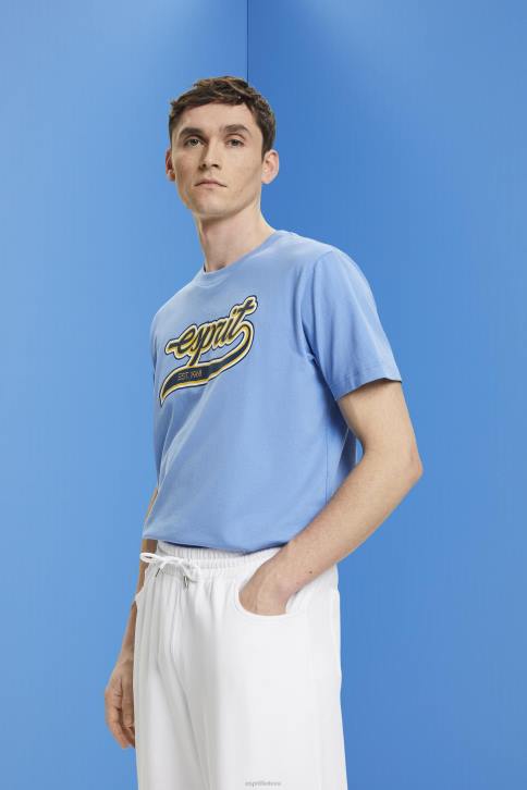 marškinėliai šviesiai mėlynos levandos vyrų Esprit Retro logotipu marginti medvilniniai marškinėliai 4D6F632