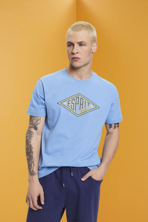 marškinėliai šviesiai mėlynos levandos vyrų Esprit medvilniniai marškinėliai su logotipu 4D6F627