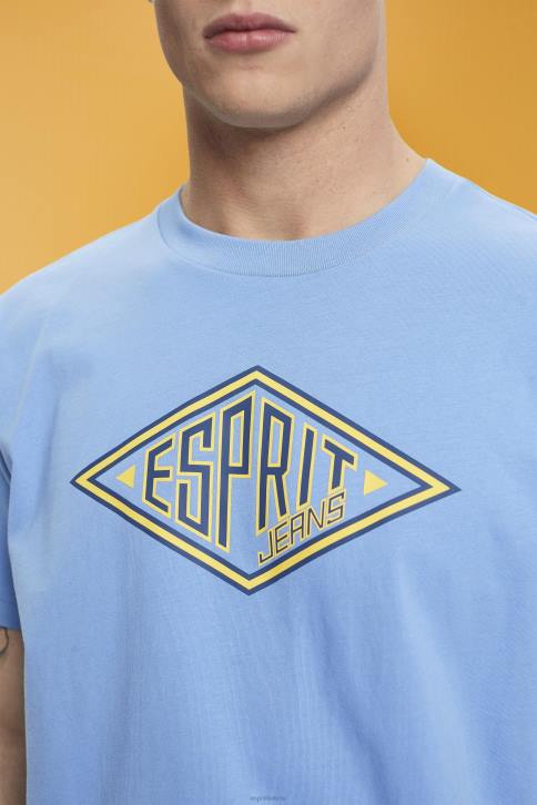marškinėliai šviesiai mėlynos levandos vyrų Esprit medvilniniai marškinėliai su logotipu 4D6F627