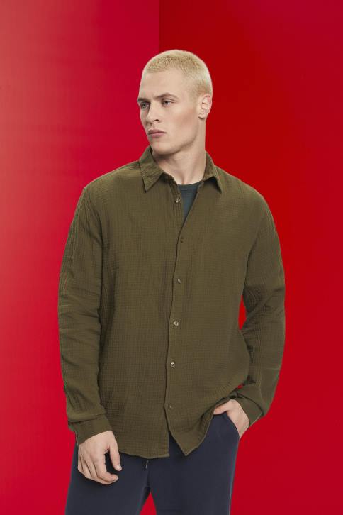 marškiniai chaki žalia vyrų Esprit tvarios medvilnės muslino marškinėliai 4D6F756