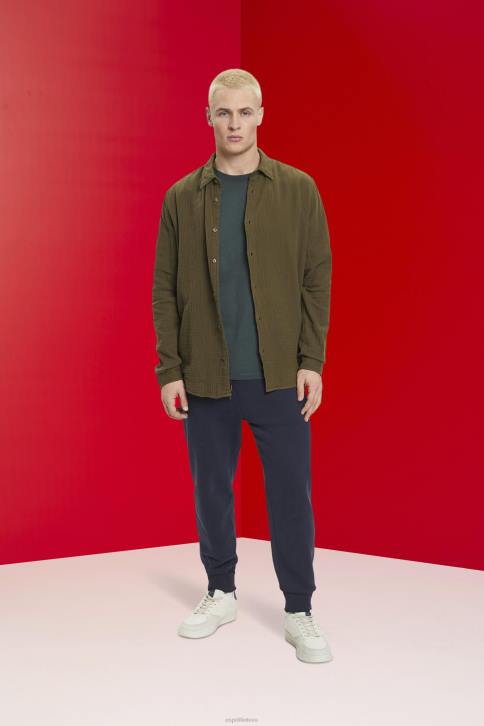 marškiniai chaki žalia vyrų Esprit tvarios medvilnės muslino marškinėliai 4D6F756