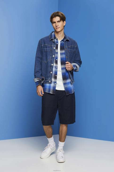 marškiniai mėlyna vyrų Esprit medvilnės ir kanapių mišinio languoti tartano marškiniai 4D6F715