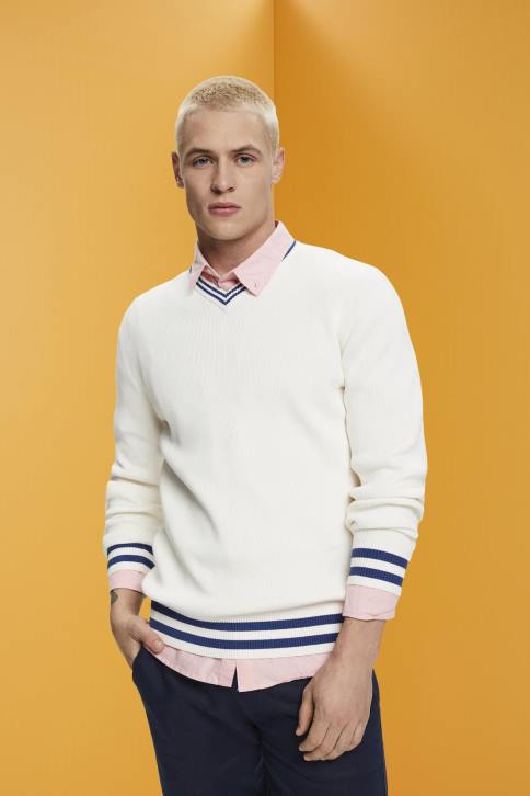 megztiniai beveik baltas vyrų Esprit V formos iškirptės tvarios medvilnės megztinis 4D6F725